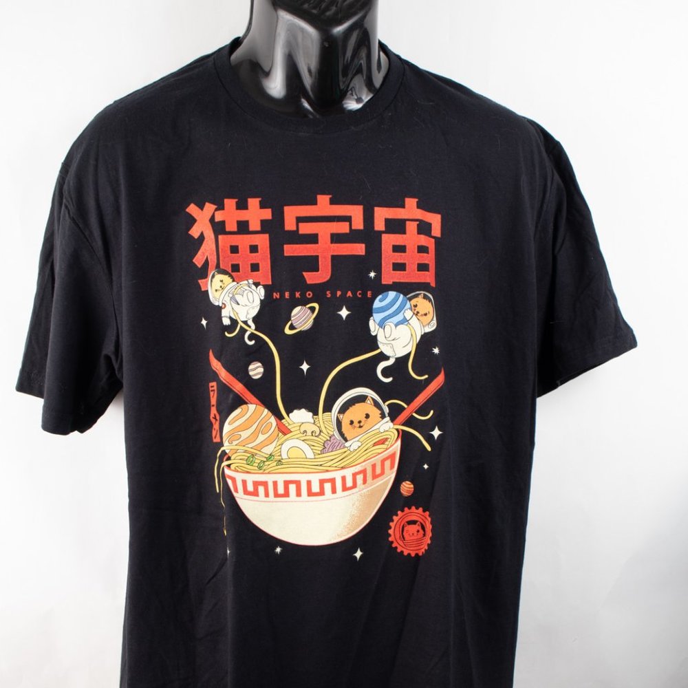 Threadless Men's Large T-Shirt Neko Space Cat Ramen Design Black NWOT